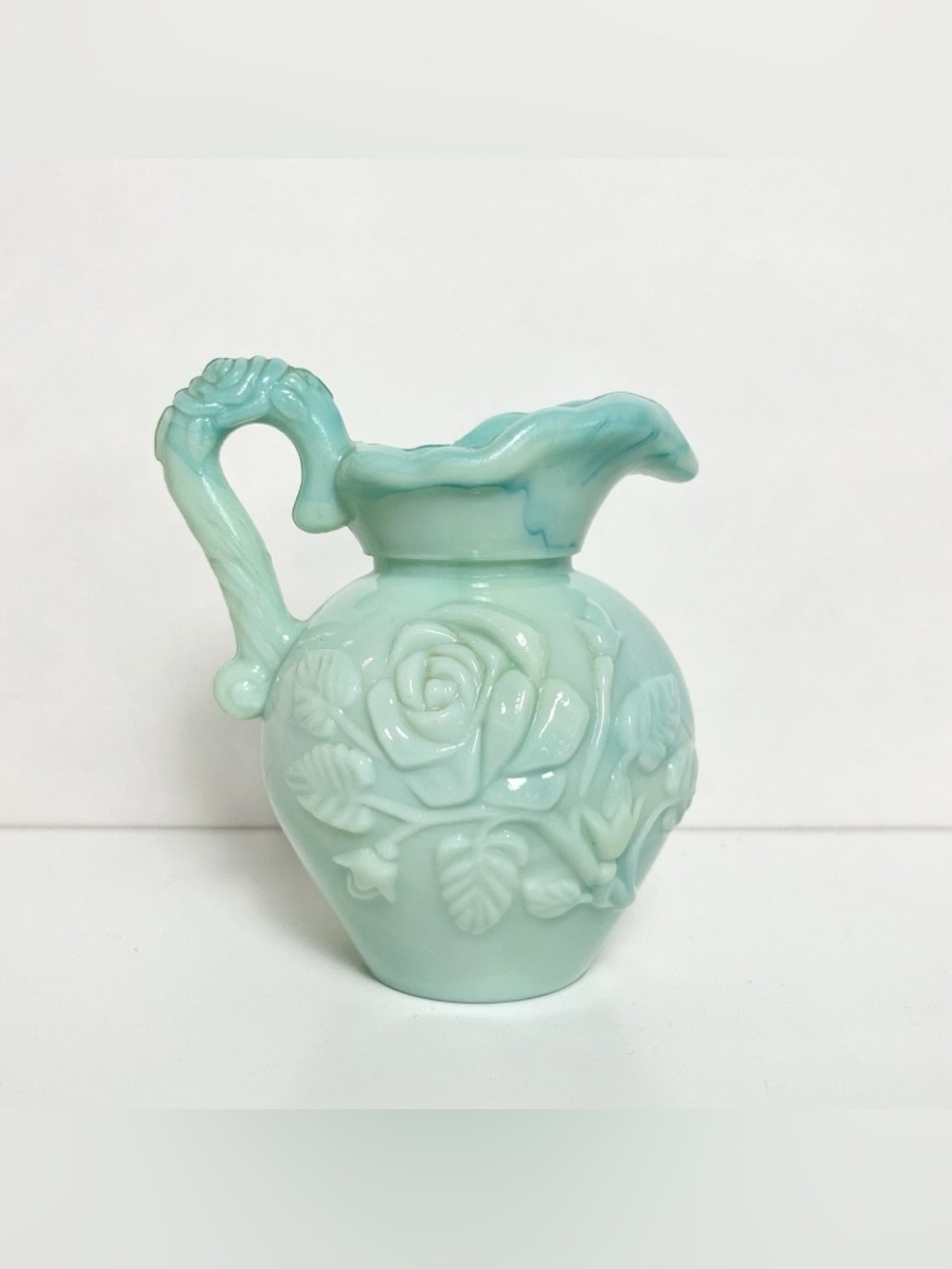 Vintage Avon Jadeite Mini Pitcher Roses Flowers Vase Jug Vanity Decor Victorian